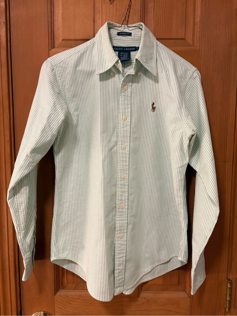 Women’s Ralph Lauren Classic Fit Green and White Striped Dress Shirt Size 2